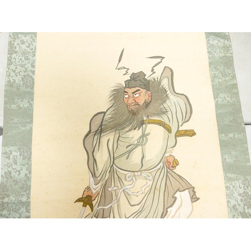 110 - Cased Chinese scroll with image of Zhong Kui, a deity in Chinese mythology, rolled out length 191cm ... 