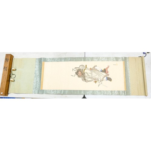 110 - Cased Chinese scroll with image of Zhong Kui, a deity in Chinese mythology, rolled out length 191cm ... 