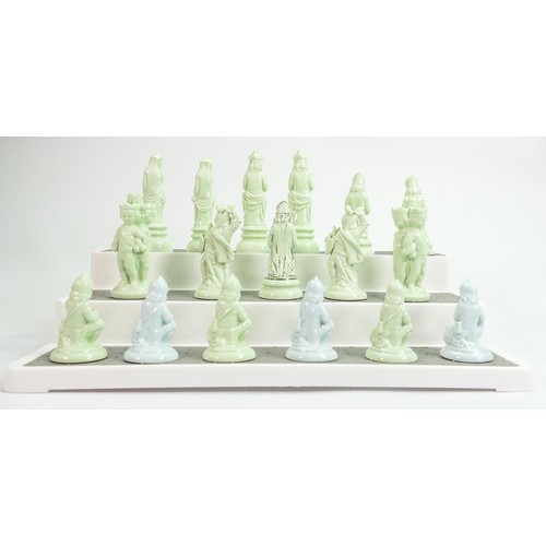 905 - Minton part chess set: Light green & pale blue glazed in the style of John Bell, single bishop marke... 