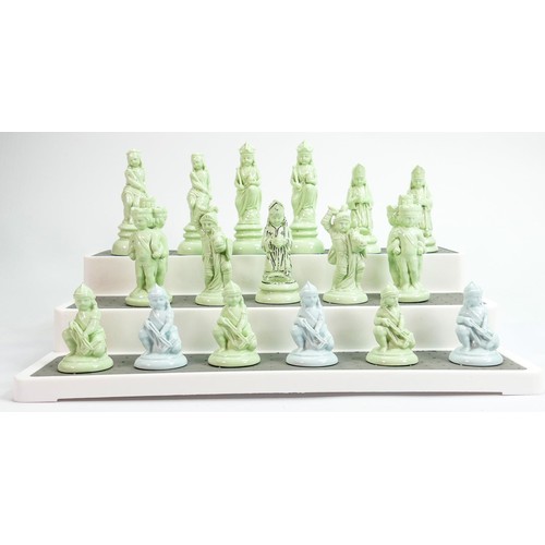 905 - Minton part chess set: Light green & pale blue glazed in the style of John Bell, single bishop marke... 