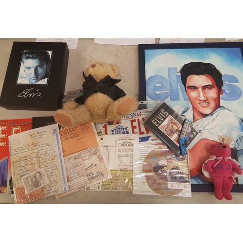 143 - A collection of Elvis memorabilia including Elvis teddy bear, reproduced Elvis documents, fan club t... 