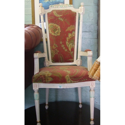 728 - An Asian high-back open armchair with red floral upholstery.