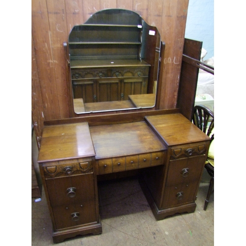 725 - Oak dressing table with vanity mirror, 115cm W x 47cm D x 158cm overall height.