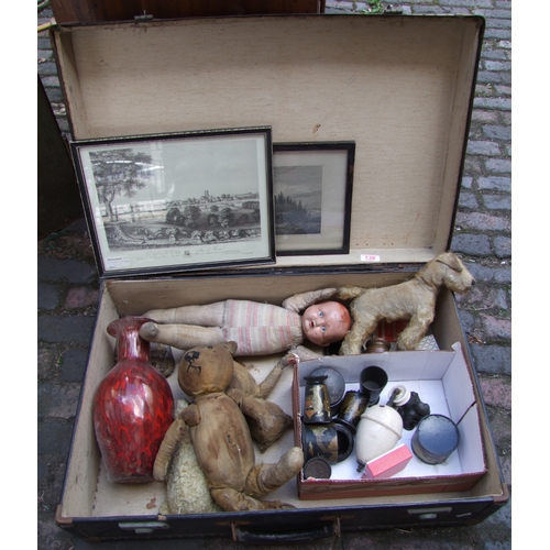 738 - Vintage suitcase with contents: teddy bears, framed prints, doll, vase etc.