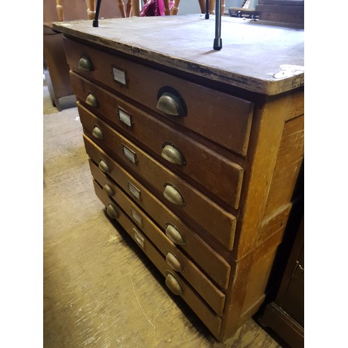 729 - Mid century oak six drawer plan chest, 94cm W x 71cm D x 86cm H.