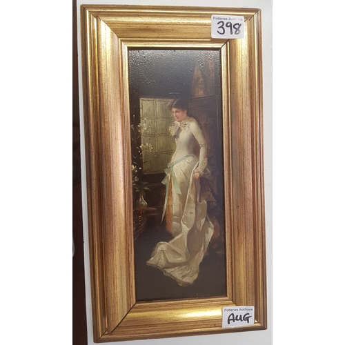 398 - Framed oil on board by J. Holtei of a young lady, overall size 40cm x 21.5cm.