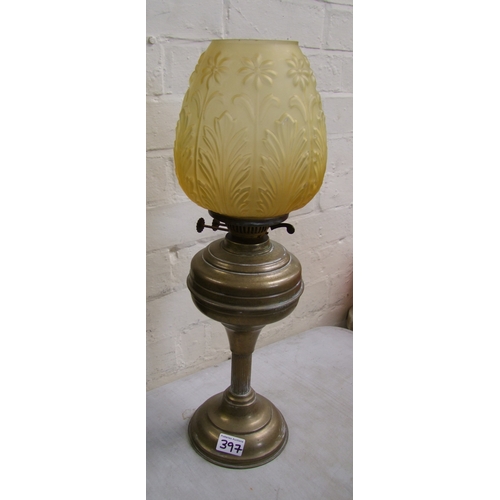 397 - Brass oil lamp with yellow glass shade, no chimney.