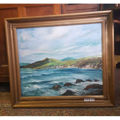 399 - Large framed oil on board of a shoreline scene, signed G.R Brown lower right, 82.5cm x 72.5cm.