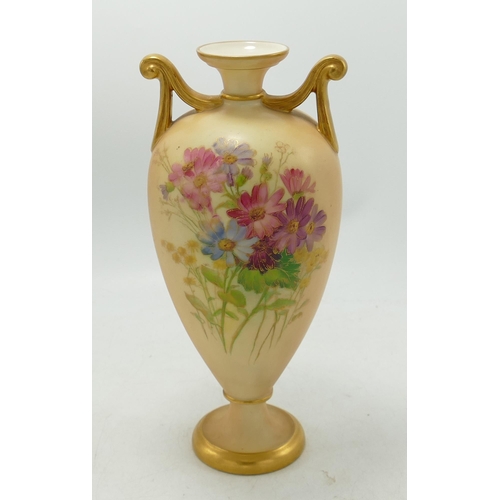 113 - Royal Worcester ( un marked ) Blush Handled Vase with Floral Decoration, height 22cm