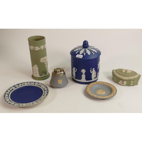 159 - Dark blue tobacco or biscuit jar with base & lid, together with other green and light blue pieces.