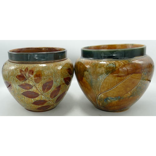 25 - Doulton Lambeth Stoneware Planters Decorated with Leaves & Foliage, height 16cm (one with firing cra... 