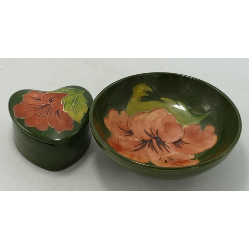 296 - Moorcroft Hibiscus on Green Ground Footed bowl & small heart Shaped Box, diameter of largest 12cm(2)