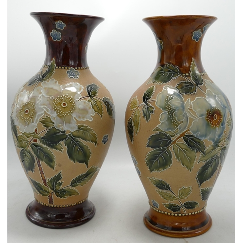 33 - Doulton Lambeth Slaters Style Stoneware Vases decorated with Flowers & Foliage , height 28cm(2)