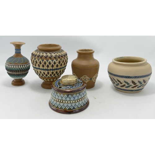 39 - Royal Doulton Lambeth  Stoneware & Silica Ware Vases & ink well, height of tallest 10.5cm(5)