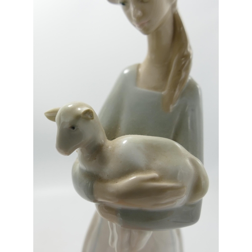 407 - Lladro figures including Women with Dog & Girl with Lamb(damaged)tallest 34cm(2)