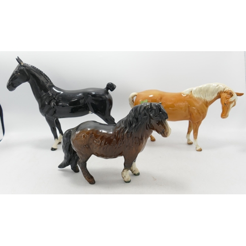 83 - Beswick Shetland Pony 1033, Black Hackney 1361 & Palomino Mare 1812, all with damage to ears(3)