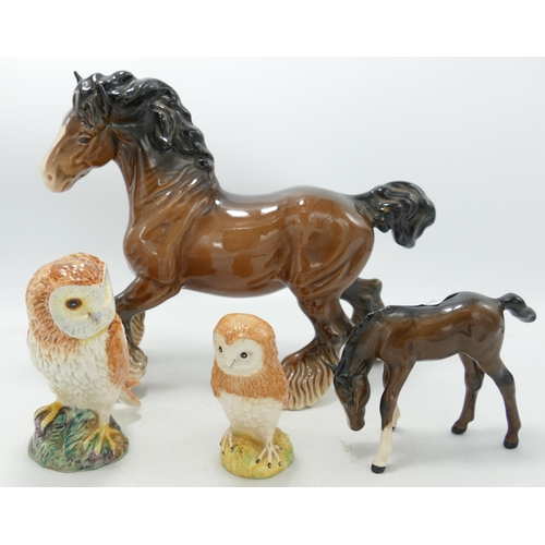 99 - Beswick Cantering Shire 975, Foal  946 (restored ears), and two similar Owls(4)