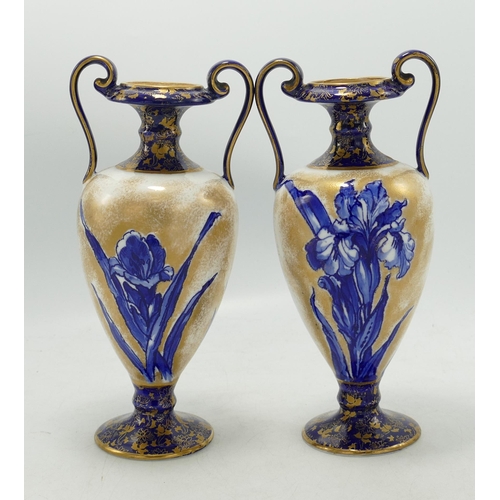 413 - Pair Royal Doulton Handled Vases: decorated with Flowers, height 18cm(2)