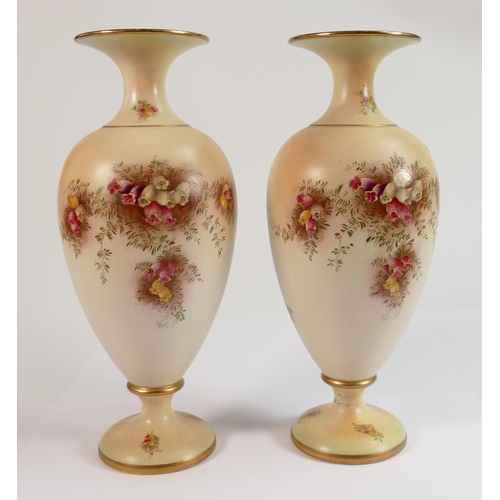 309 - Pair of early Carlton Wilshaw & Robertson hand decorated vases. One vase has stem re glued.  Measuri... 