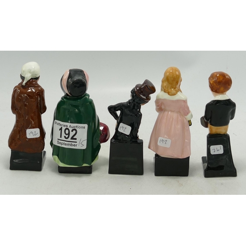 192 - Roya Doulton small Dickens figures to include Sairy gamp, Scrooge , Jingle, little Nell and David Co... 