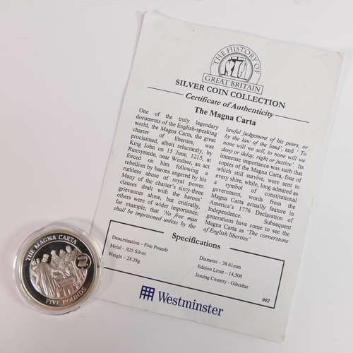 632 - Five Westminster proof Five pound coins comprising 
 - Westminster Magna Carta - silver with certifi... 