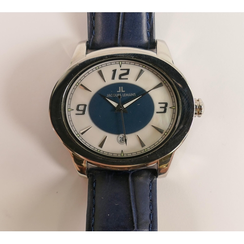 637 - Jacques Lemans gentleman's wristwatch: quartz date with leather strap, boxed.