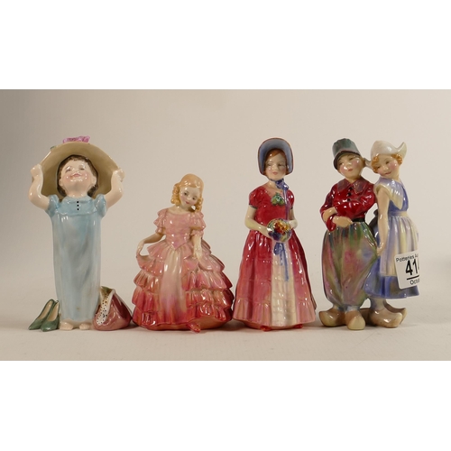 414 - Royal Doulton Small Figures Make Believe HN2225, Diana Hn1986 & early Rose HN1368, together with Roy... 