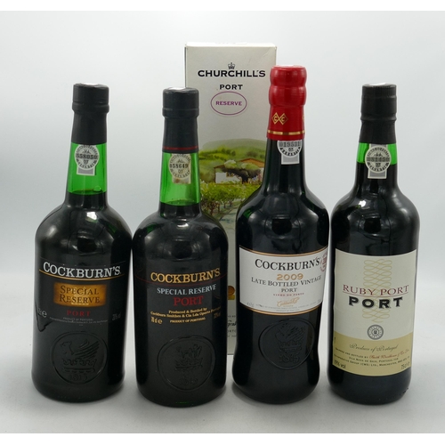 604 - Five bottles of port to include boxed Churchill's reserve, Cockburn's 2009 late bottled port, 2 x Co... 