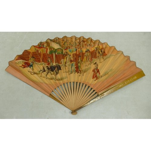 612 - Vintage Spanish Paper & Balsa Wood Fan with images of Bull Fighters, length closed 38cm