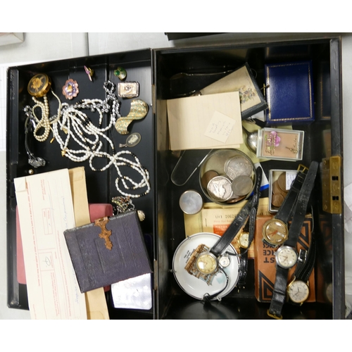 615 - A mixed collection of items to include Costume Jewelry, Vintage watches, Crowns , Commemorative coin... 