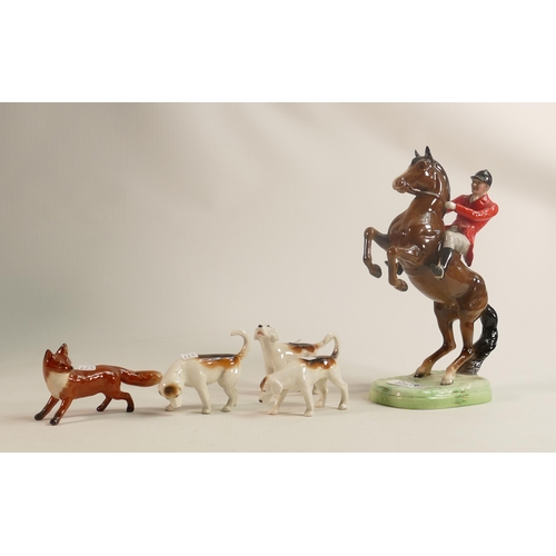 623 - Beswick Huntsman on rearing horse 868 together with three hounds and fox. (5)