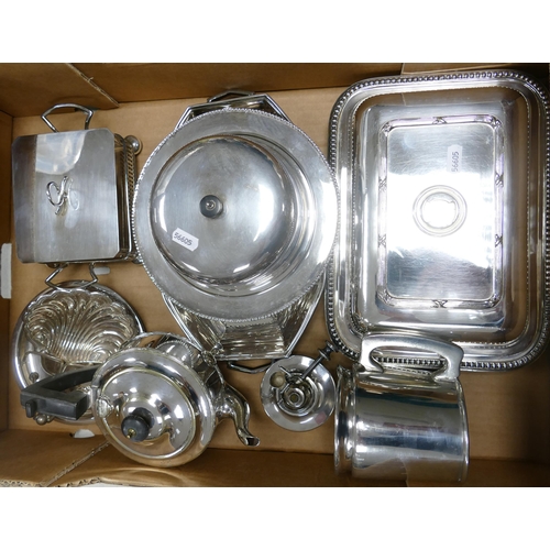 643 - Large tray lot of silver plate including muffin dish, tea pot and various other items.