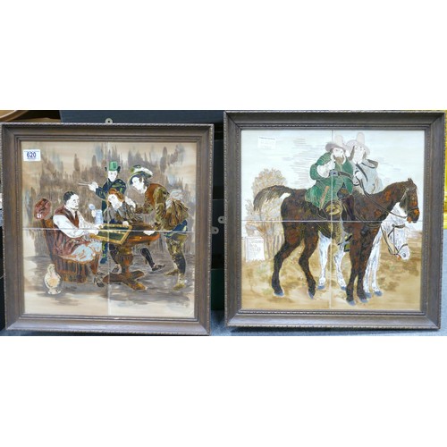 620 - Two oak framed tile panels, one with 2 figures riding horses and the other character playing a game,... 