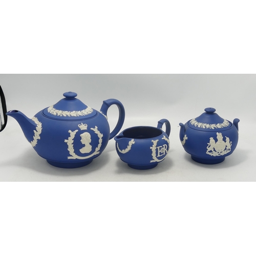 60 - Wedgwood jasperware teapot, sugar bowl and milk jug. (milk jug handle A/F)