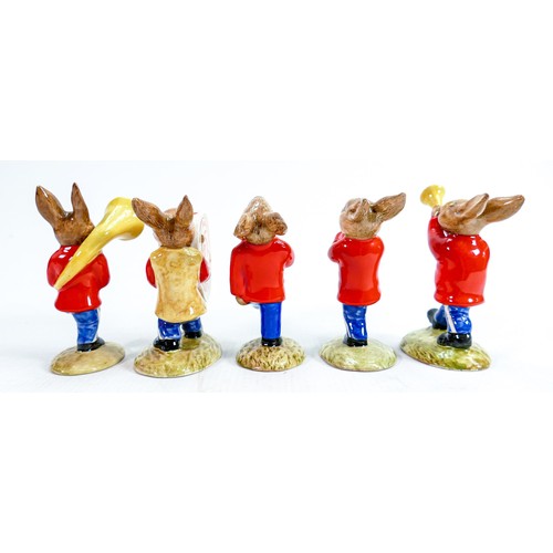 6 - Royal Doulton Bunnykins figures from the Oompah Band figures in a red colourway - comprising Sousaph... 