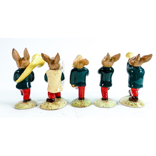 7 - Rare Royal Doulton Bunnykins figures from the Oompah Band in a green colour way comprising - Sousaph... 