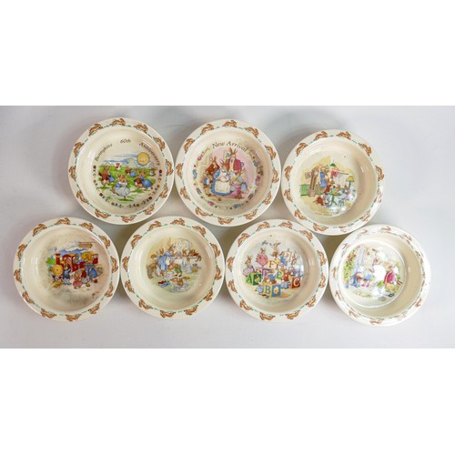 62 - Royal Doulton Bunnykins small round baby plates, each 16cm. (7)