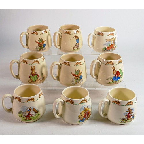 65 - Royal Doulton Bunnykins Don one handled cups, 5  Barbara Vernon pieces noted. (9)