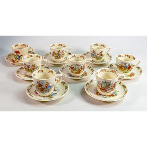 70 - Royal Doulton Bunnykins unmatched Casino shaped cups & saucers, one Barbara Vernon set noted. (8)