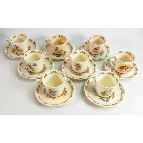 72 - Royal Doulton Bunnykins unmatched Casino shaped cups & saucers, two Barbara Vernon sets noted. (8)