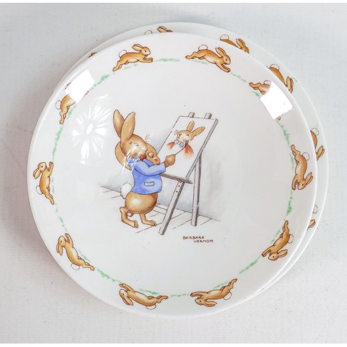 89 - Royal Doulton early Bunnykins white china trio signed Barbara Vernon. (3)