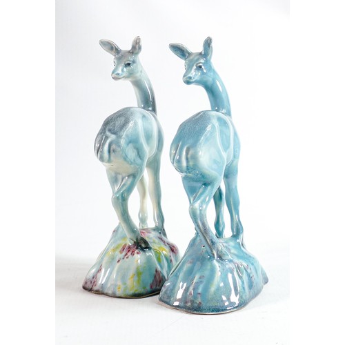 139 - Beswick blue gloss model of a deer on rock 696 & similar with pink & yellow highlights. (2)