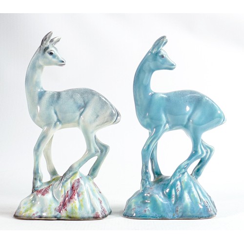 139 - Beswick blue gloss model of a deer on rock 696 & similar with pink & yellow highlights. (2)