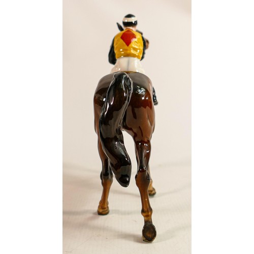 193 - Beswick Jockey on Walking Horse 1037, jockey in black, yellow & red diamond colourway, No12 detail n... 