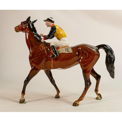 193 - Beswick Jockey on Walking Horse 1037, jockey in black, yellow & red diamond colourway, No12 detail n... 