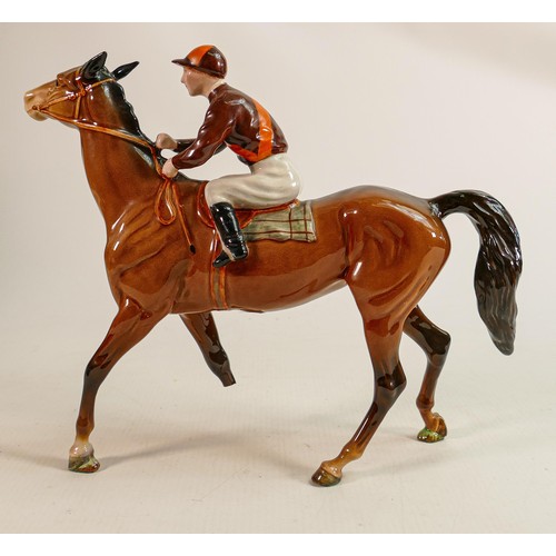 194 - Beswick Jockey on Walking Horse 1037, jockey in brown with orange sash colourway, lighter brown hors... 