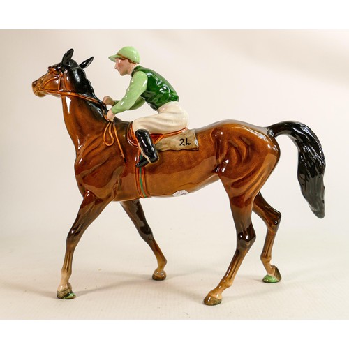 195 - Beswick Jockey on Walking Horse 1037, jockey in green & light green colourway, No24 detail noted on ... 