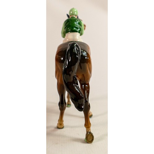 195 - Beswick Jockey on Walking Horse 1037, jockey in green & light green colourway, No24 detail noted on ... 