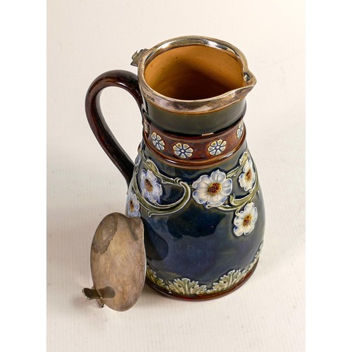 444 - Royal Doulton embossed stoneware jug with silver mountings, hinge damaged, marked W Hutton & Sons Lt... 