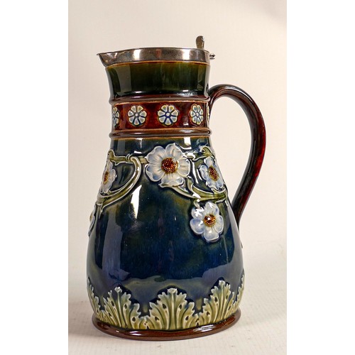 444 - Royal Doulton embossed stoneware jug with silver mountings, hinge damaged, marked W Hutton & Sons Lt... 